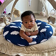 Dez is registered to the contest to win money with this photo: baby, child, cloud_pattern, cozy, curious, cushion, cute, elephant_toy, flower_toy, head_up, home, indoor, infant, lying_down, play_gym, portrait, soft_toy, toddler, toy, wooden_floor