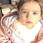 Jana participe au concours pour gagner de l'argent avec cette photo : toddler, child, blue_eyes, pigtails, yellow_bows, pink_jacket, white_sweater, blue_pants, indoor, wooden_floor, basket, oranges, glass_jar, curious, portrait, cute, young_child, person, sitting, casual_clothing