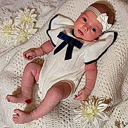 Judith participe au concours pour gagner de l'argent avec cette photo : baby, infant, child, knitted_blanket, white_clothing, headband, bow, flowers, soft_texture, portrait, cute, lying_down, indoors, skin, hand, foot, face, adorable, resting, cozy