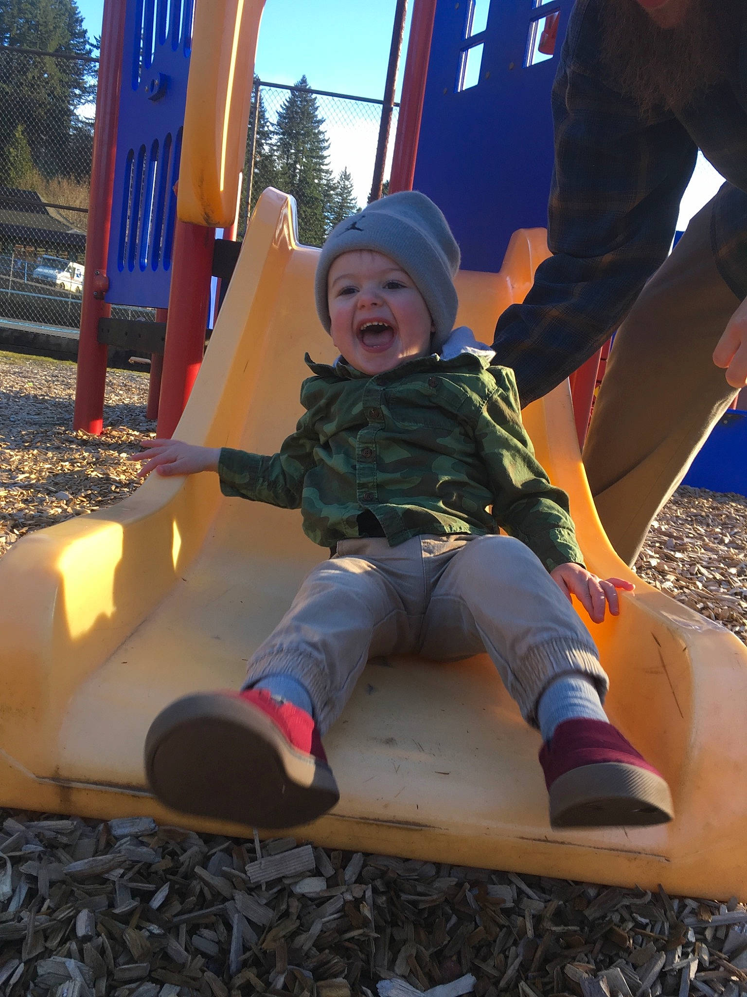 Bayne joined the competition — help win amazing prizes! child, fun, jeans, leisure, outdoor_play_equipment, person, play, playground, playground_slide, public_space, recreation, swing, toddler, tree, vacation