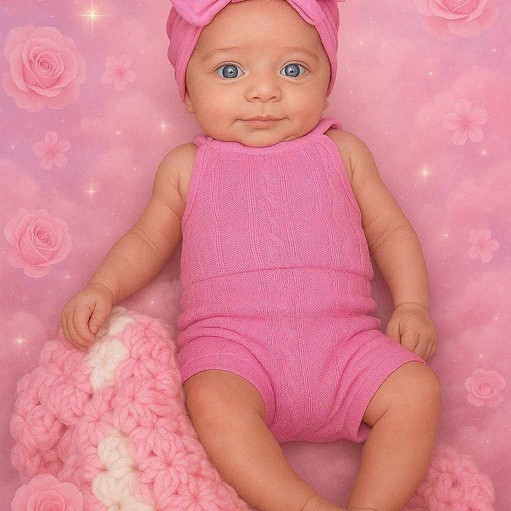 Maggie is registered to the contest to win money with this photo: adorable, baby, blue_eyes, child, clothing, cozy, cute, floral_background, headband, infant, knitted_blanket, lying_down, newborn, pastel_colors, pink, portrait, smiling, soft_texture, sparkles, studio_photo