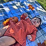 baby, infant, child, plaid_blanket, autumn_leaves, pumpkin, headband, outdoor, grass, fall, cute, portrait, lying_down, orange_clothing, seasonal, nature, smiling, baby_clothes, head, skin