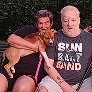 Summer Cali joined the competition — help win amazing prizes! animal, bench, casual, daylight, dog, friendly, greenery, happy, leafy_background, leash, nature, outdoor, person, pet, portrait, shorts, sitting, smiling, tattoo, tshirt