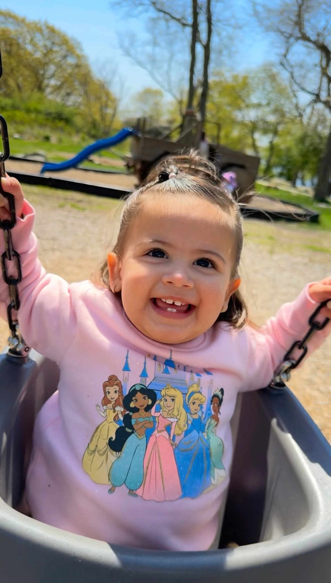 Sloane is registered to the contest to win money with this photo: toddler, child, swing, playground, outdoor, smiling, happy, pink_sweatshirt, disney_princesses, sunny_day, trees, play_equipment, young_child, casual_clothing, daylight, fun, joy, park, baby, cute