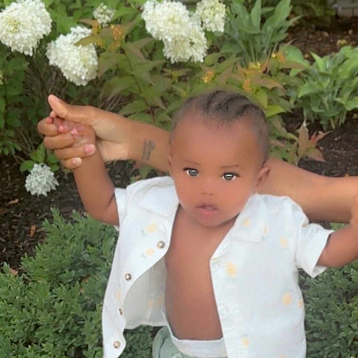 Demetrius Mcbride Jr is registered to the contest to win money with this photo: baby, barefoot, brick_wall, child, flowers, garden, greenery, holding_hands, hydrangea, mint_shorts, nature, outdoor, person, plant, sidewalk, summer_clothing, supporting_hands, toddler, white_shirt, young_child