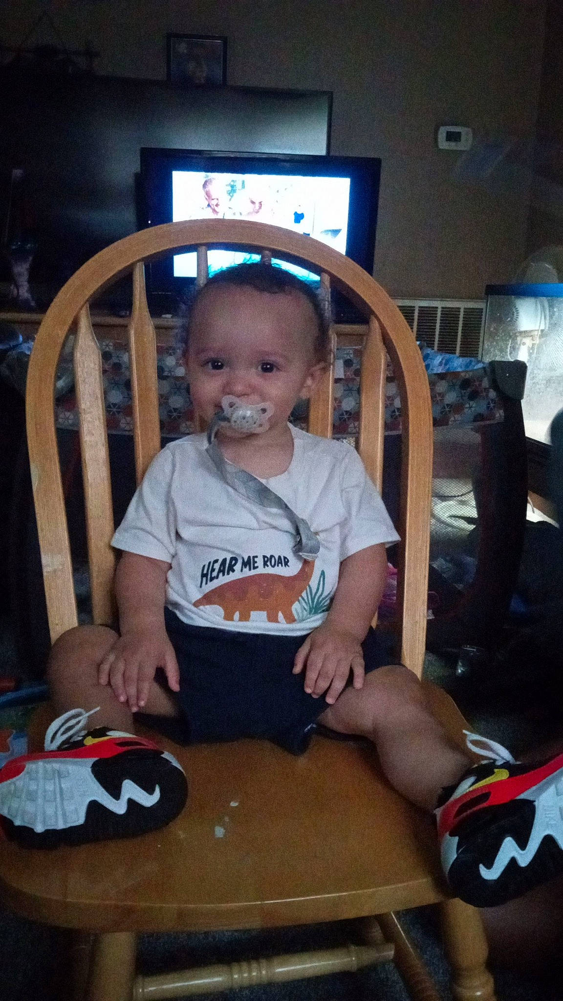 Jordan joined the competition — help win amazing prizes! baby, baby_toddler_clothing, carmine, chair, child, event, fun, happy, lap, person, shorts, sitting, sleeve, smile, sneakers, standing, t_shirt, television, thigh, toddler