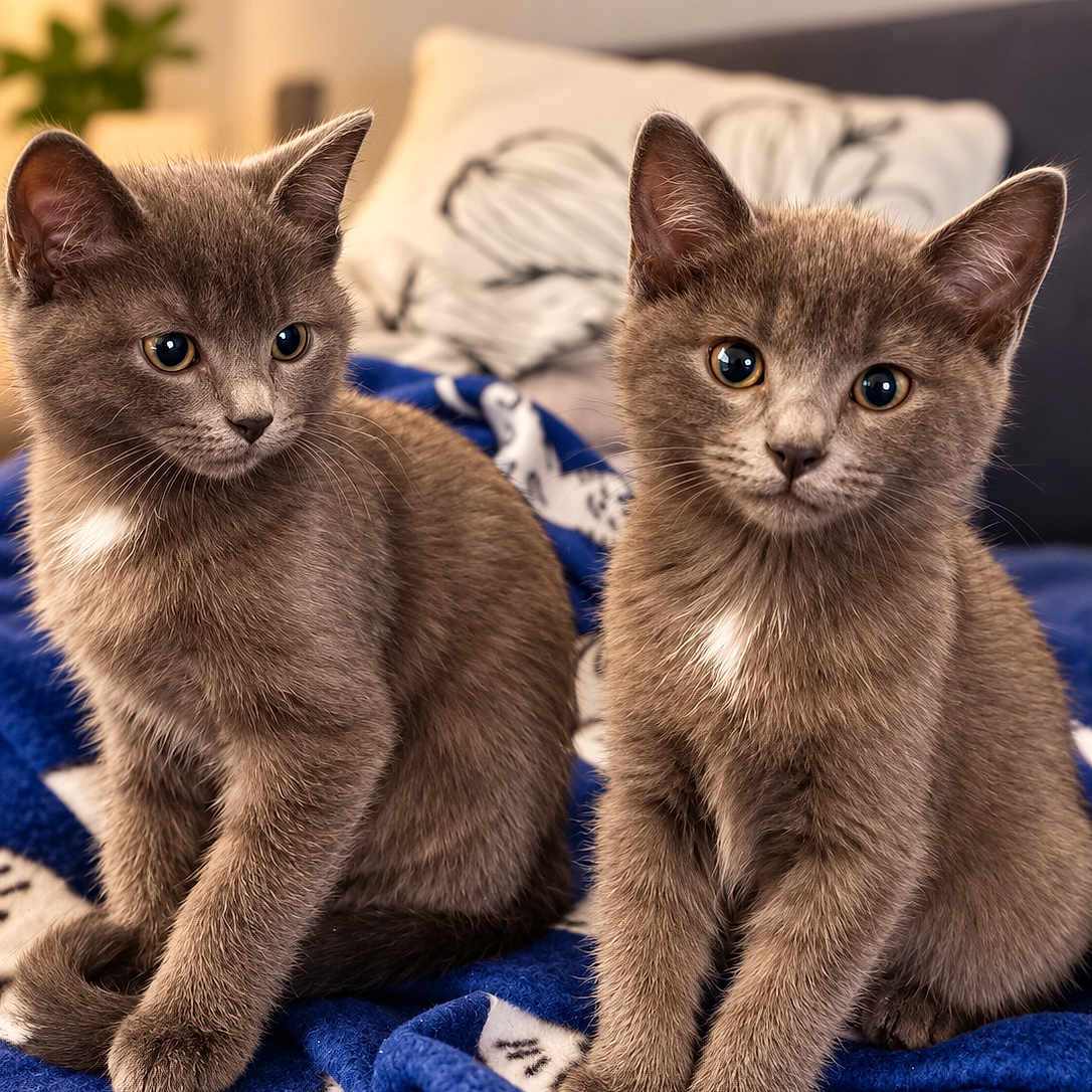 Zelda Et Mystique a rejoint le concours — aidez-le/la à gagner de superbes lots ! kittens, cats, gray_fur, blue_eyes, animal_portrait, sitting, indoors, bedroom, blanket, cozy, pets, whiskers, ears, fluffy, cute, curious, paired_animals, home, soft_lighting, photography