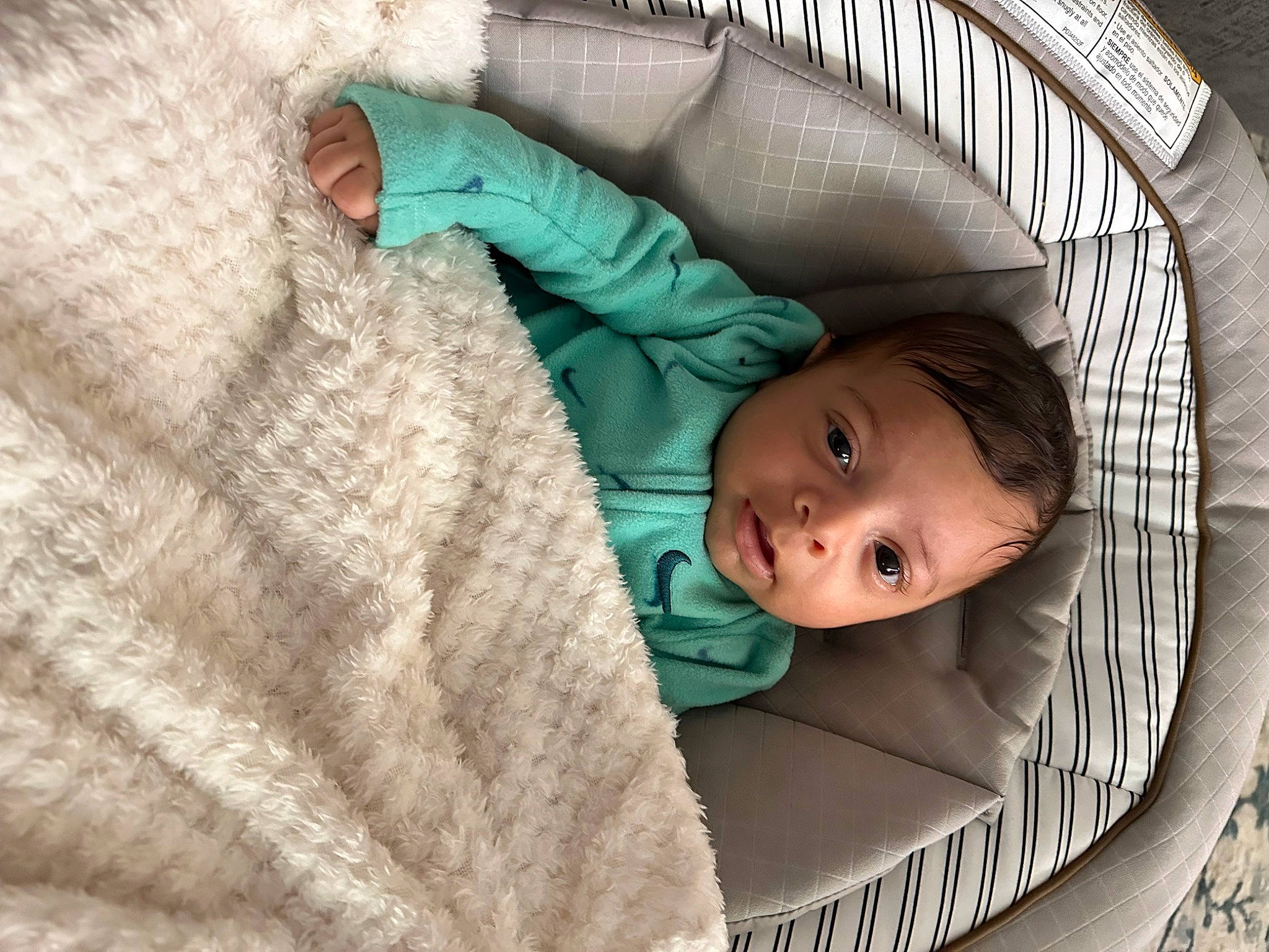 Angelo is registered to the contest to win money with this photo: baby, baby_carriage, baby_products, baby_safety, baby_sleeping, baby_toddler_clothing, bedtime, cheek, child, comfort, eye, grass, human_body, infant_bed, linens, person, room, sitting, skin, toddler