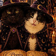 Peppy is registered to the contest to win money with this photo: cats, two_cats, black_cat, tuxedo_cat, wizard_hat, witch_hat, fantasy, magic, spellbook, book, gothic, castle, moon, candle, robes, costume, portrait, indoor, dramatic_lighting, digital_art