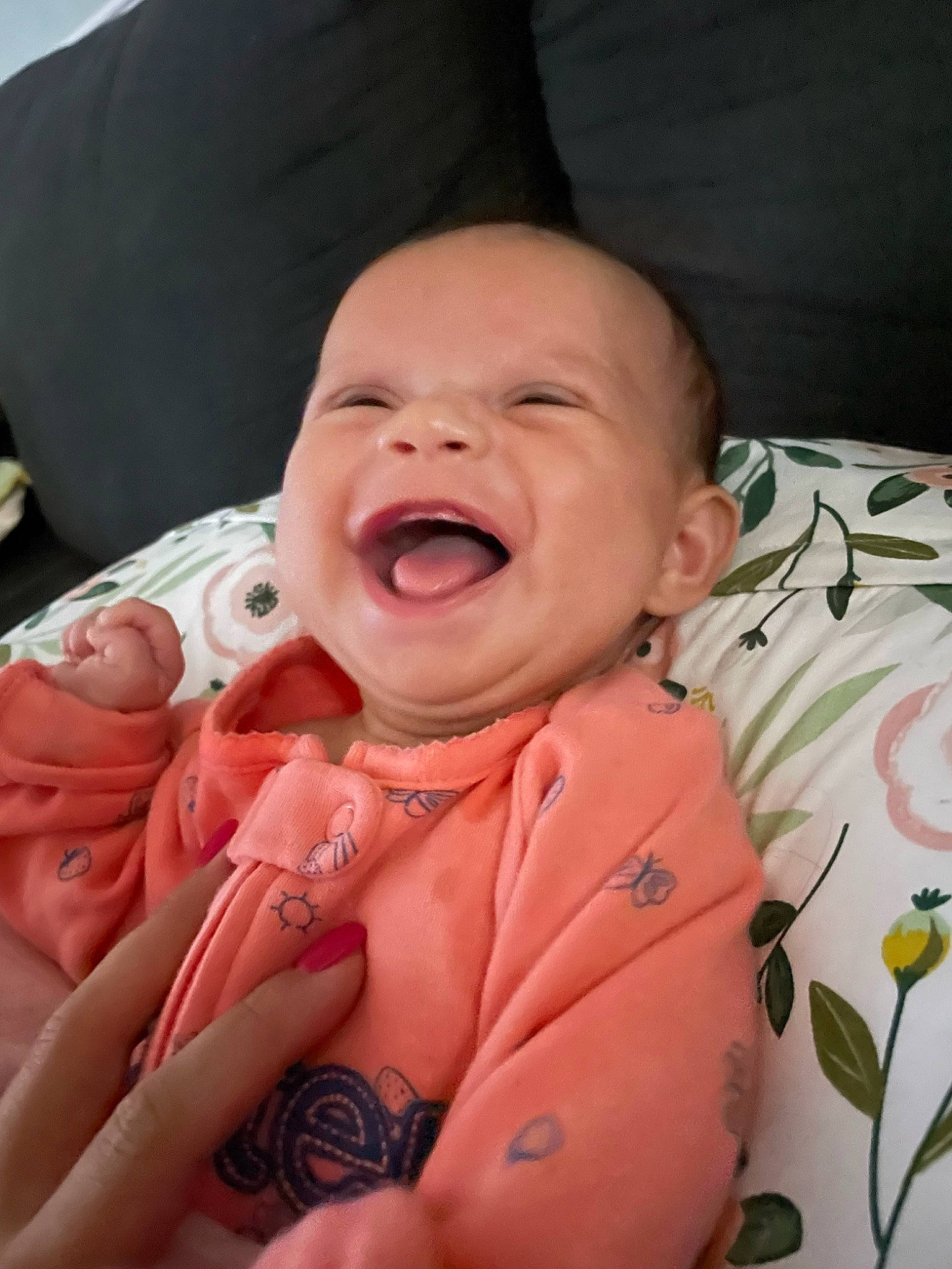 Hailey joined the competition — help win amazing prizes! baby, baby_toddler_clothing, cheek, chin, comfort, eye, face, finger, gesture, happy, head, human_body, lip, mouth, nose, person, pink, skin, smile, toddler