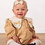 baby, child, smiling, sitting, headband, dress, lace, collar, socks, shoes, floor, indoor, portrait, cute, happy, infant, fashion, young_child, studio, person