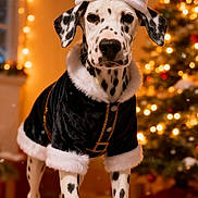 Milo joined the competition — help win amazing prizes! animal, black_and_white, celebration, christmas, costume, cute, dalmatian, decorations, dog, festive, holiday, indoors, lights, pet, portrait, santa_hat, snow, spots, tree, winter