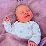 newborn, baby, sleeping, blanket, lavender, onesie, cute, infant, soft, cozy, child, face, hand, peaceful, clothing, pattern, stars, cats, portrait, resting