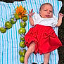 Elena participe au concours pour gagner de l'argent avec cette photo : baby, infant, blanket, striped, red_skirt, white_top, flowers, green_fruits, orange_flower, purple_flowers, outdoor, grass, nature, person, skin, feet, hand, lying_down, cute, colorful