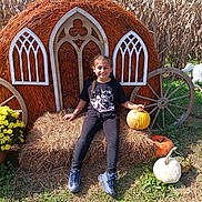 Emma joined the competition — help win amazing prizes! autumn, black_clothing, braid, child, cornfield, fall_decor, flowers, girl, grass, happy, hay_bale, nature, outdoor, pumpkin, pumpkin_carriage, recreation, seasonal, smiling, sunny_day, wooden_wheel