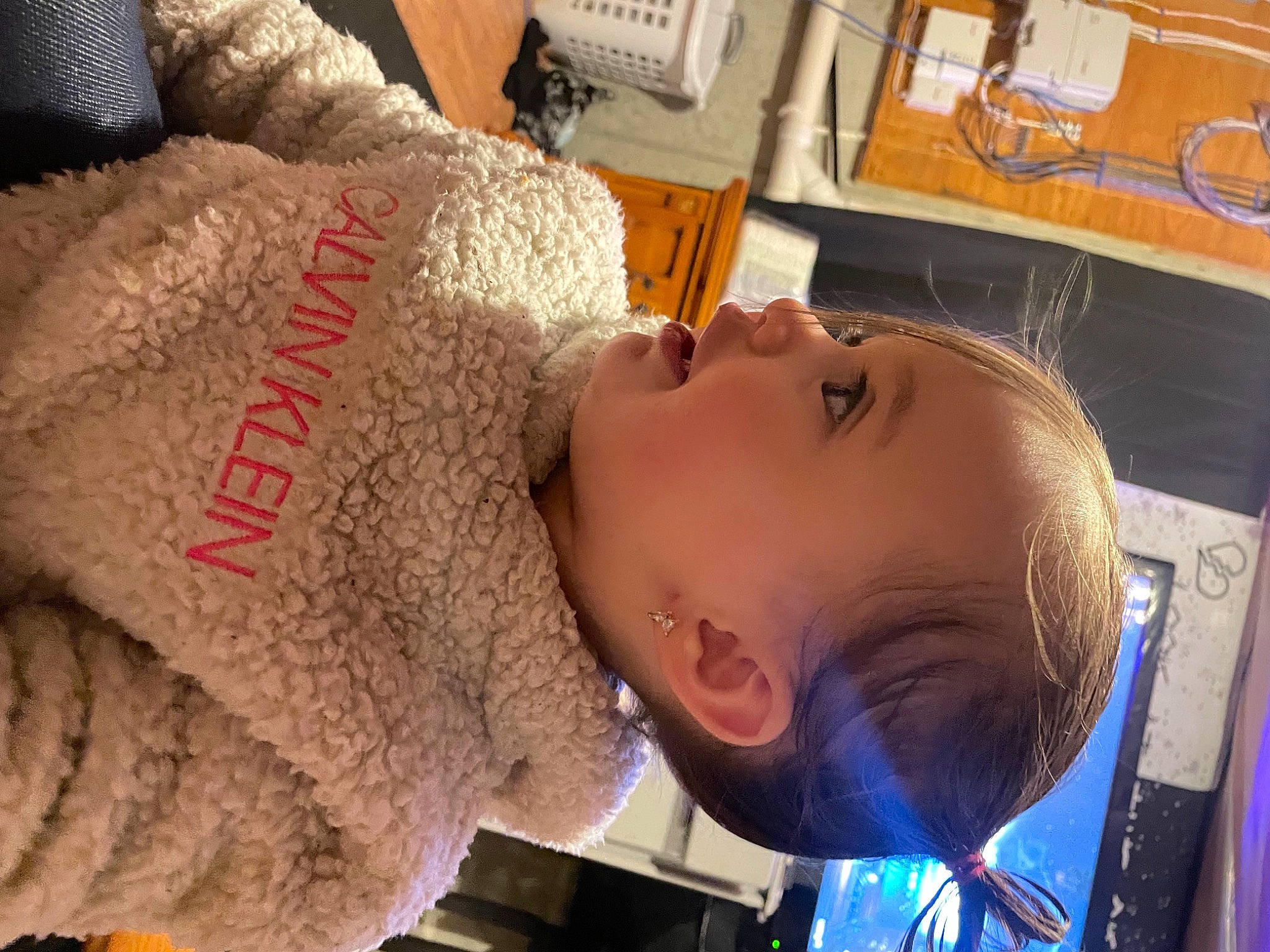 Aliyana joined the competition — help win amazing prizes! baby, child, eye, eyelash, eyewear, fur, head, headgear, mouth, nose, orange, person, personal_protective_equipment, room, skin, stuffed_toy, textile, toddler, toy, wood