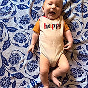 Wyatt joined the competition — help win amazing prizes! baby, child, infant, onesie, happy, smiling, lying_down, blanket, patterned, blue, white, cute, playful, joy, innocence, person, skin, head, arms, legs