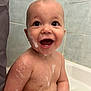 baby, bath, bubbles, child, smiling, happy, water, soap, skin, head, face, expression, sitting, tile, tub, indoor, cute, clean, person, joy