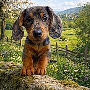 Gustave a rejoint le concours — aidez-le/la à gagner de superbes lots ! puppy, dog, dachshund, moss, stone_wall, wildflowers, meadow, spring, fluffy_clouds, blue_sky, trees, fence, nature, outdoor, grass, cute, animal, ears, nose, portrait