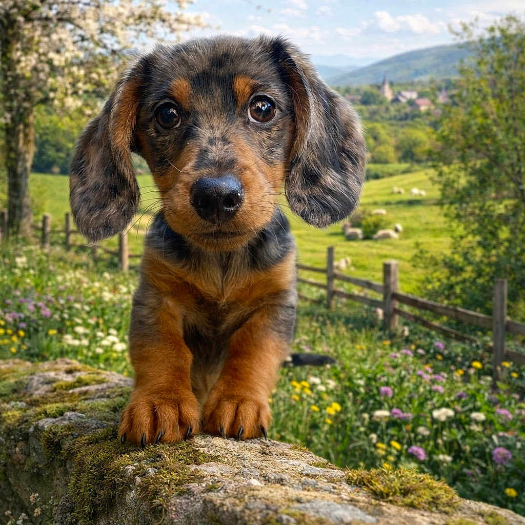 Gustave a rejoint le concours — aidez-le/la à gagner de superbes lots ! animal, blue_sky, cute, dachshund, dog, ears, fence, fluffy_clouds, grass, meadow, moss, nature, nose, outdoor, portrait, puppy, spring, stone_wall, trees, wildflowers