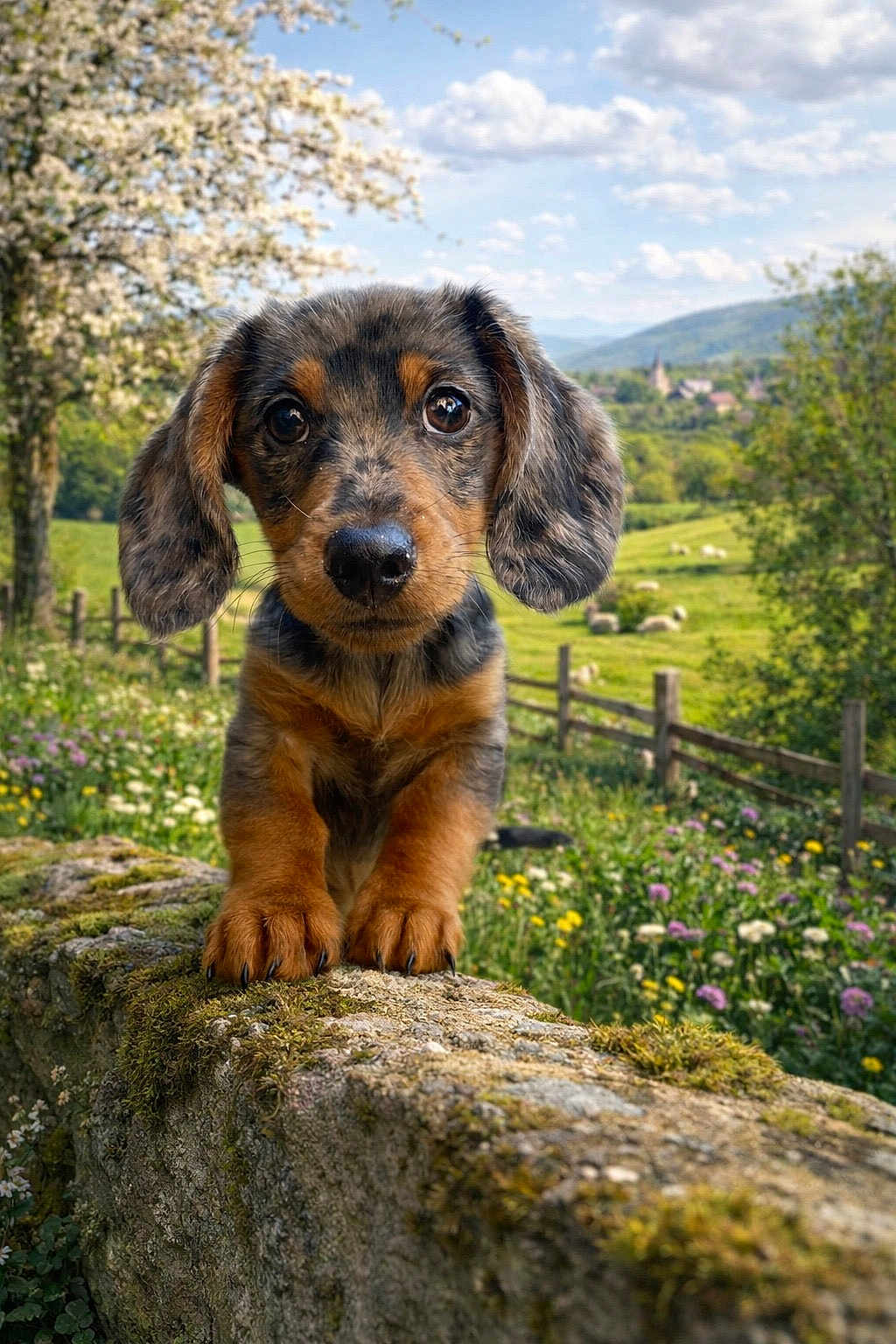Gustave a rejoint le concours — aidez-le/la à gagner de superbes lots ! puppy, dog, dachshund, moss, stone_wall, wildflowers, meadow, spring, fluffy_clouds, blue_sky, trees, fence, nature, outdoor, grass, cute, animal, ears, nose, portrait
