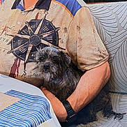 Dolly participe au concours pour gagner de l'argent avec cette photo : man, elderly, glasses, dog, small_dog, sitting, indoor, couch, patterned_couch, table, tablecloth, striped_tablecloth, shirt, compass_design, holding, pet, watch, arm, calm, home
