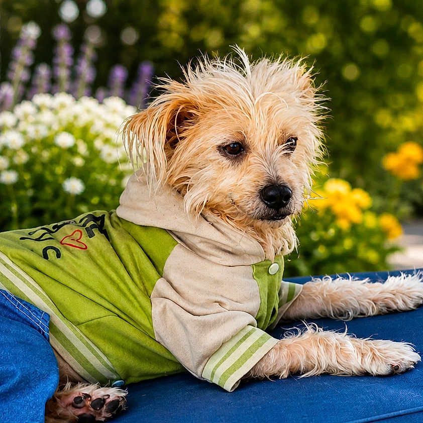 Alba participe au concours pour gagner de l'argent avec cette photo : dog, small_dog, outdoor, flower_bed, greenery, blue_cushion, clothing, shirt, pants, relaxed, pet, garden, sunny, nature, fur, portrait, animal, daylight, cute, casual