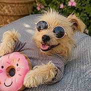 Alba a rejoint le concours — aidez-le/la à gagner de superbes lots ! canine, cute, dog, donut, flower, fluffy, garden, greenery, happy, outdoor, pet, plush_toy, portrait, relaxed, resting, smiling, striped_shirt, summer, sunglasses, toy