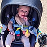 baby, bib, blue_eyes, car_seat, child, clothing, cute, fabric, foot, hand, happy, head, infant, outdoor, person, plush_toy, seatbelt, smile, sunlight, toy