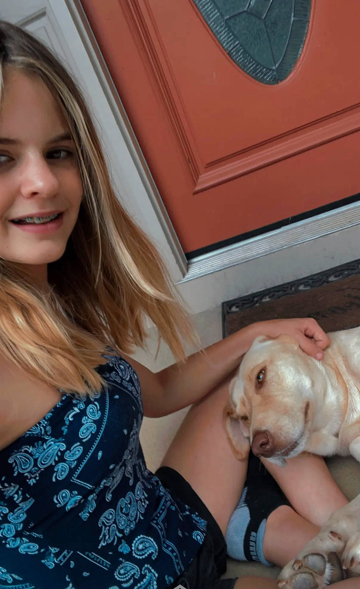 Izzy joined the competition — help win amazing prizes! blond, brown_hair, carnivore, companion_dog, dog, dog_breed, eyelash, flash_photography, fur, gesture, happy, jewellery, layered_hair, organ, picture_frame, selfie, sitting, skin, smile, snout