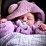 Apolline participe au concours pour gagner de l'argent avec cette photo : baby, infant, sleeping, pacifier, blanket, hood, clothing, fleece, cute, hands, face, cozy, soft, purple, child, newborn, rest, comfort, bundle, warm