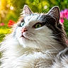 animal, background_blur, cat, closeup, colorful, cute, feline, flowers, fluffy_fur, garden, green_eyes, nature, outdoor, pet, portrait, relaxed, summer, sunlight, sunshine, whiskers