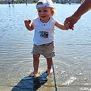 Matéo participe au concours pour gagner de l'argent avec cette photo : adult_hand, barefoot, building, cap, child, cityscape, hand_holding, happy, outdoor, play, reflection, shadow, shirt, shorts, sky, splashing, summer, sunny, toddler, water