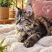 Bérénice a rejoint le concours — aidez-le/la à gagner de superbes lots ! cat, tabby_cat, fluffy, longhaired, pet, animal, portrait, green_eyes, whiskers, pointed_ears, striped_fur, lounging, blanket, couch, cushion, living_room, houseplant, lantern, cozy, indoor