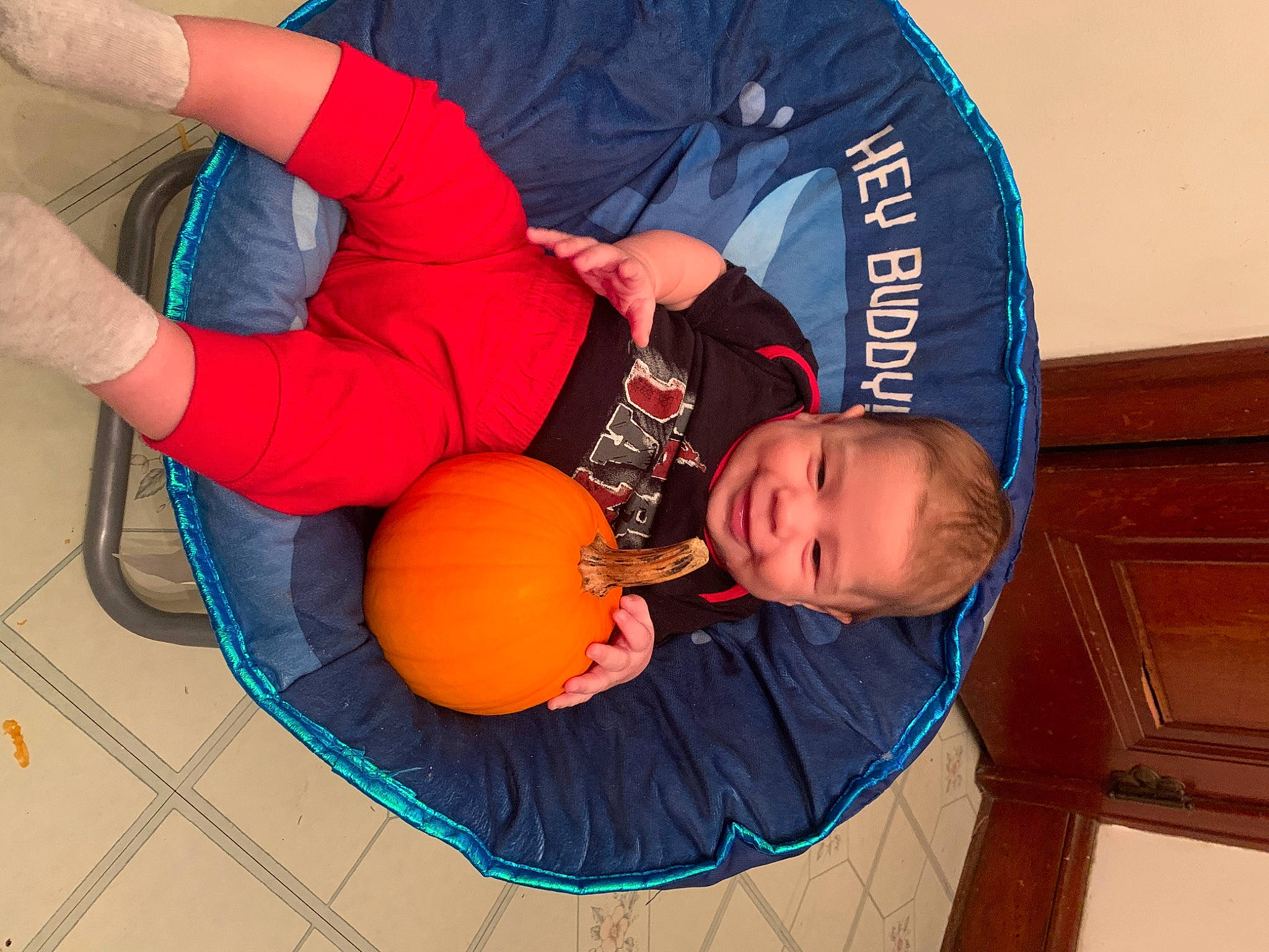Karsen joined the competition — help win amazing prizes! abdomen, baby, ball, blue, bowling_equipment, chest, child, comfort, elbow, electric_blue, fun, joy, knee, leisure, orange, person, room, sports_toy, sportswear, t_shirt