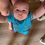 Samuell Gray is registered to the contest to win money with this photo: baby, child, infant, blue_shirt, dinosaur_print, wooden_floor, person, legs, dog, husky, pet, indoor, curious, looking_up, reaching, human, foot, animal, companion, cute