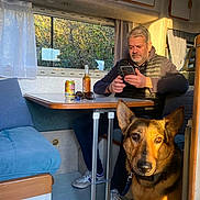 Tokyo a rejoint le concours — aidez-le/la à gagner de superbes lots ! man, dog, german_shepherd, indoor, table, window, curtains, phone, sunlight, cushion, seating, beverage, can, bottle, glasses, casual_clothing, carpet, leisure, pet, relaxation