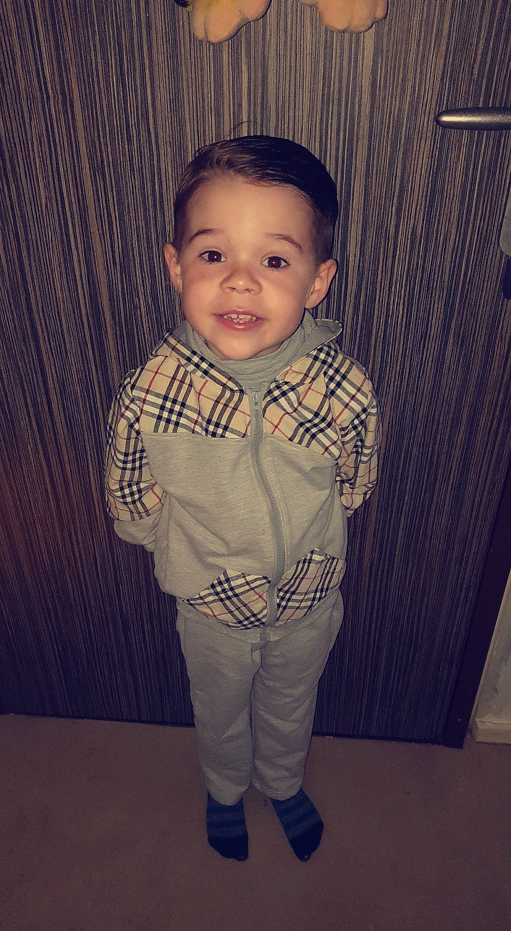 Marley participe au concours pour gagner de l'argent avec cette photo : baby, baby_toddler_clothing, cheek, cool, denim, dress_shirt, face, flash_photography, flooring, fun, happy, head, human_body, iris, joy, pattern, person, sleeve, smile, standing