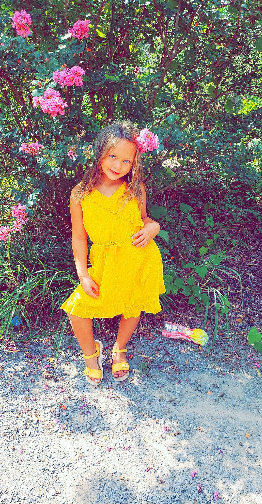 Emma Grace is registered to the contest to win money with this photo: botany, child, child_model, clothing, dress, flower, footwear, grass, joy, long_hair, pattern, peach, person, photography, pink, plant, shoe, spring, summer, tree