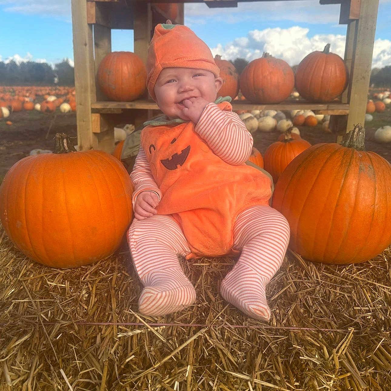 Kyla is registered to the contest to win money with this photo: autumn, baby, child, clouds, costume, cute, festive, field, happy, hat, hay, nature, orange, outdoor, pumpkin, pumpkin_patch, seasonal, sky, smile, striped_clothing