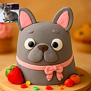 Jasmine joined the competition — help win amazing prizes! cake, dog_cake, fondant, decorative_cake, strawberry, fruit, pink_bow, colorful, wooden_board, french_bulldog, dog, pet, cute, animal, closeup, food, dessert, background_blur, indoor, comparison