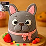 cake, dog_cake, fondant, decorative_cake, strawberry, fruit, pink_bow, colorful, wooden_board, french_bulldog, dog, pet, cute, animal, closeup, food, dessert, background_blur, indoor, comparison