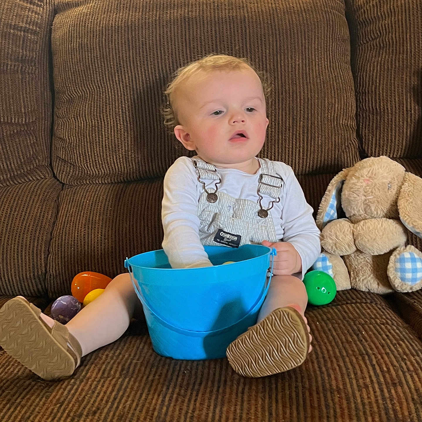 Gatlin joined the competition — help win amazing prizes! child, toddler, baby, blue_bucket, plush_toy, brown_couch, overalls, indoor, toy, soft_toy, curtains, light, sitting, casual_clothing, playtime, cute, young_child, furniture, person, relaxed