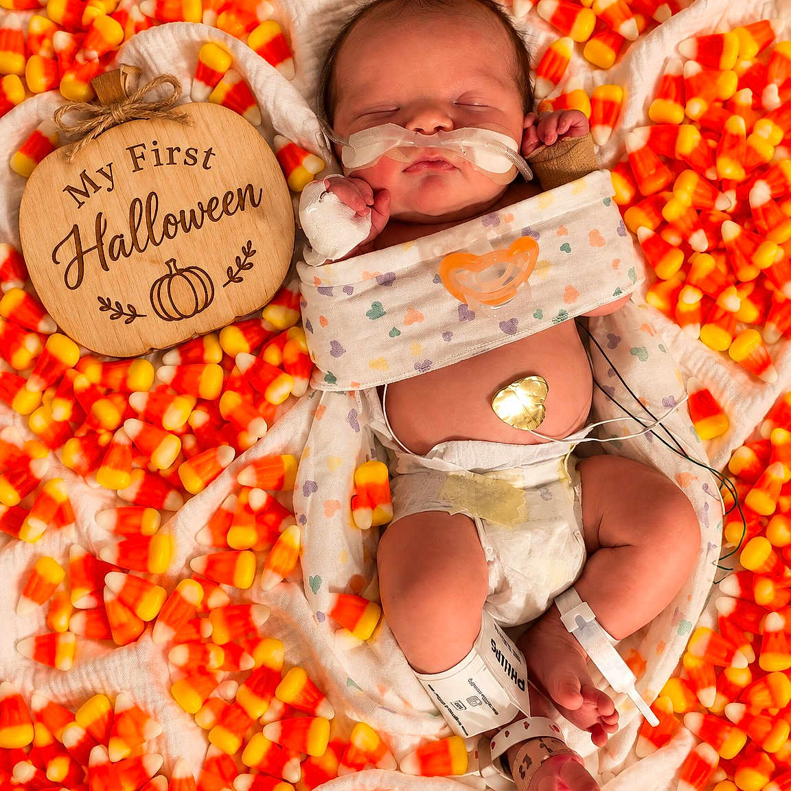 Wyatt is registered to the contest to win money with this photo: newborn, baby, infant, sleeping, halloween, candy_corn, hospital, medical_tubes, monitoring, pacifier, swaddle, blanket, wooden_sign, pumpkin, portrait, top_down, festive, indoor, face, parenting