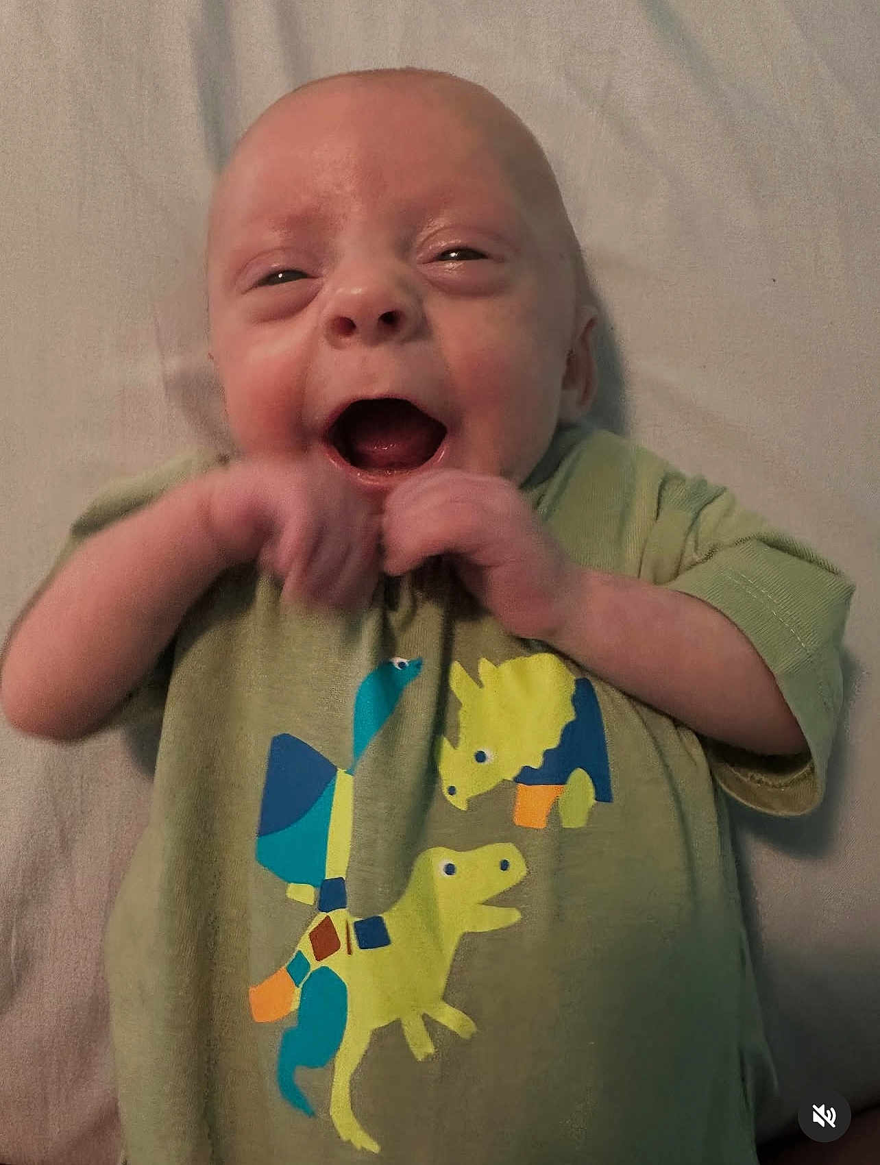 Luca James is registered to the contest to win money with this photo: baby, infant, smiling, laughing, green_shirt, dinosaur_print, hands, lying_down, closeup, cute, happy, child, face, skin, eyes, mouth, bed, fabric, toddler, clothing