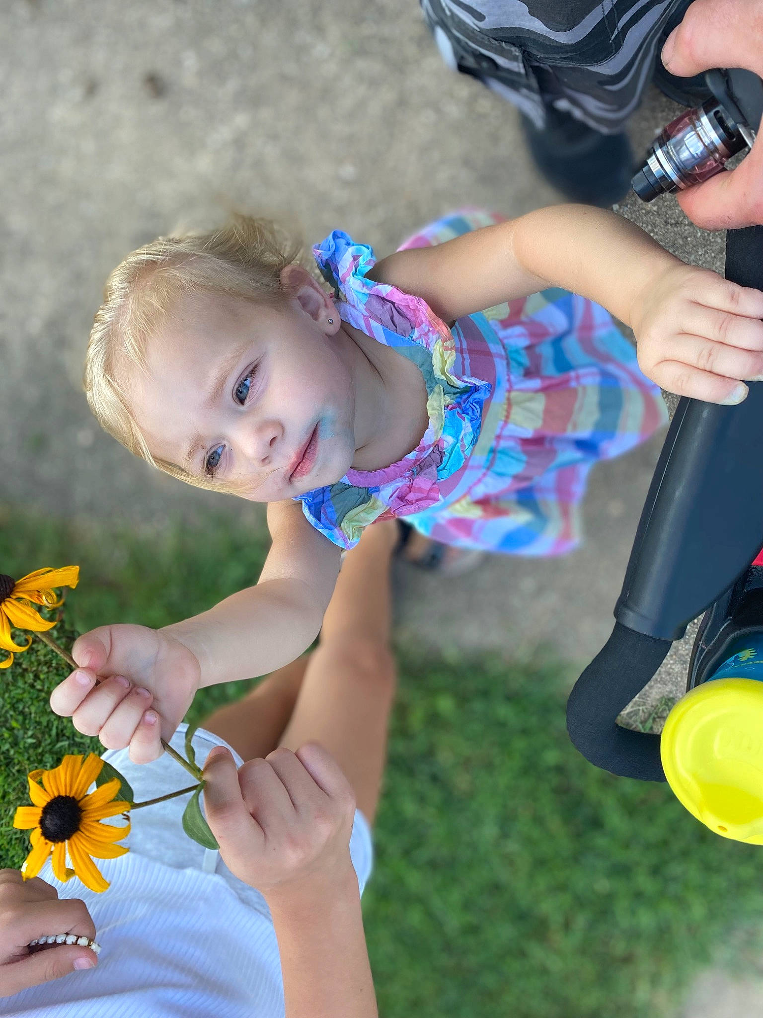 Mia is registered to the contest to win money with this photo: arm, beauty, child, electric_blue, finger, flower, fun, grass, hand, happy, leisure, people_in_nature, person, petal, photograph, plant, smile, snapshot, summer, toddler
