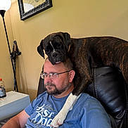 Chloe Perdue is registered to the contest to win money with this photo: dog, man, boxer_dog, paw, head_resting, recliner_chair, glasses, beard, blue_shirt, indoor, lamp, framed_picture, side_table, bottle, furniture, wall, pet, portrait, relaxed, cuddly