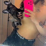 Zauri joined the competition — help win amazing prizes! person, dog, french_bulldog, puppy, mirror, selfie, shirtless, tattoo, phone, pink_phone_case, bathroom, sink, hairbrush, ears, curly_hair, tattoos, reflection, hand, looking, casual