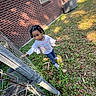 child, outdoor, grass, fence, brick_wall, sunlight, hair_clips, curious, blue_clothing, long_sleeve_shirt, pants, socks, person, nature, exploring, shadows, daylight, young_child, standing, playful