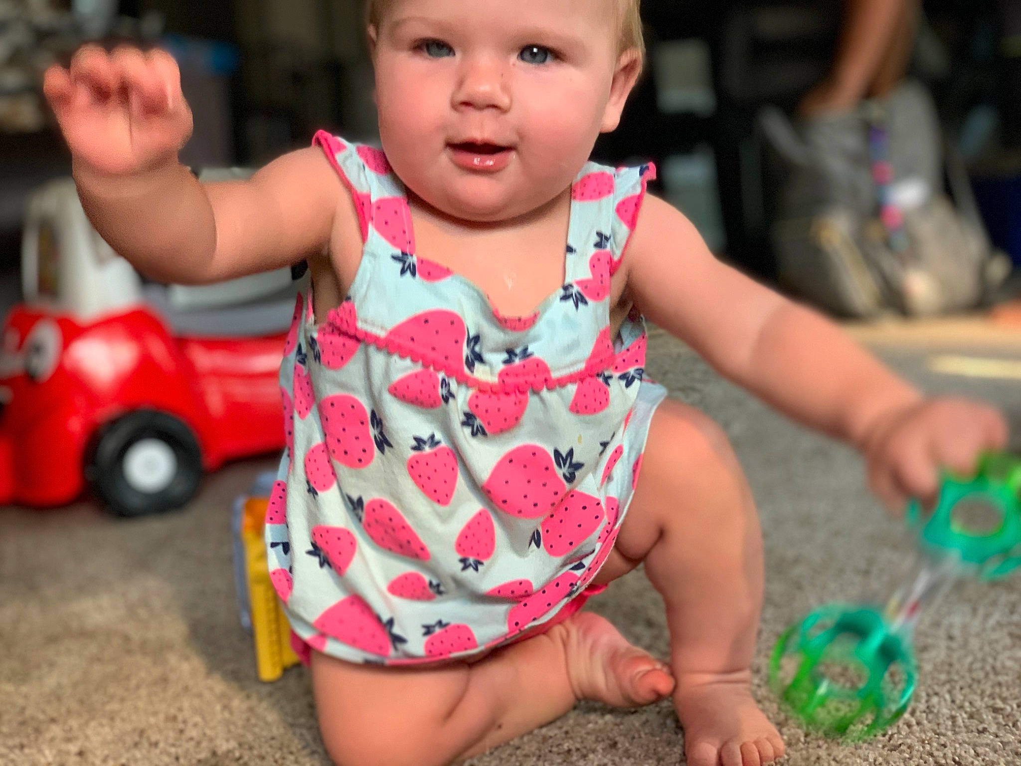 Arielle joined the competition — help win amazing prizes! arm, baby_toddler_clothing, dress, face, facial_expression, finger, fun, grass, green, hand, happy, head, headwear, human, mammal, person, photograph, pink, skin, tire
